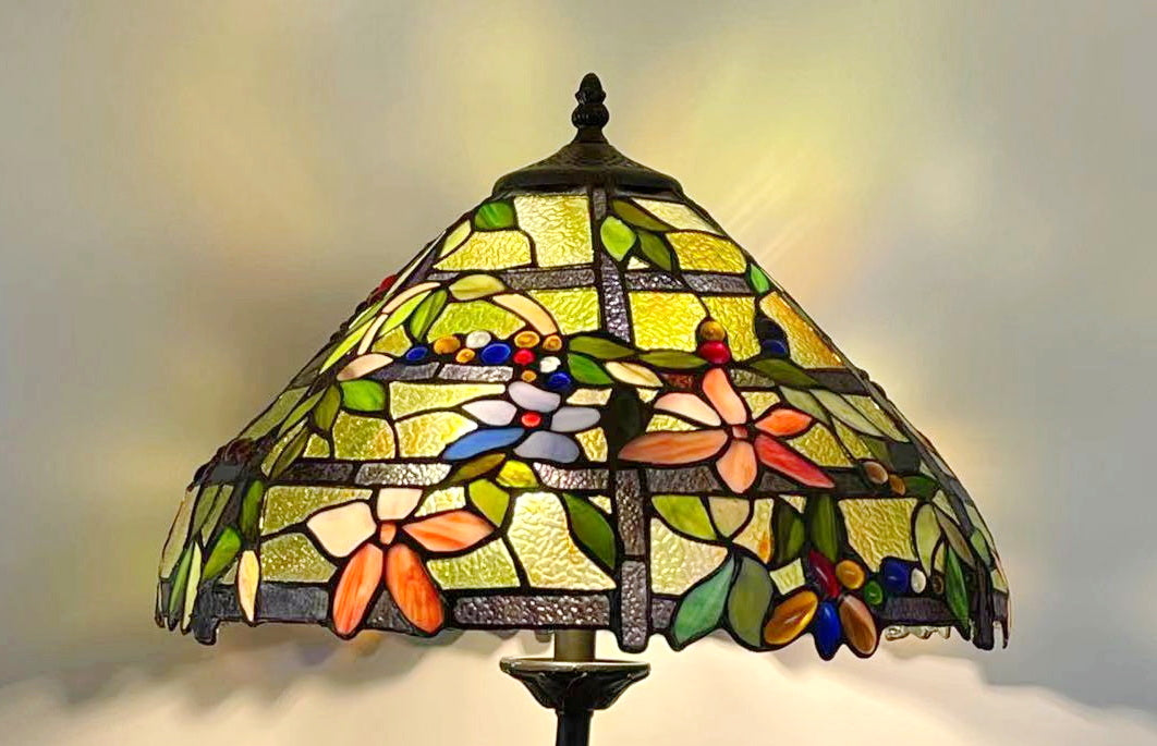 16" Large Clematis Flower Trellis Tiffany  Stained Class table Lamp