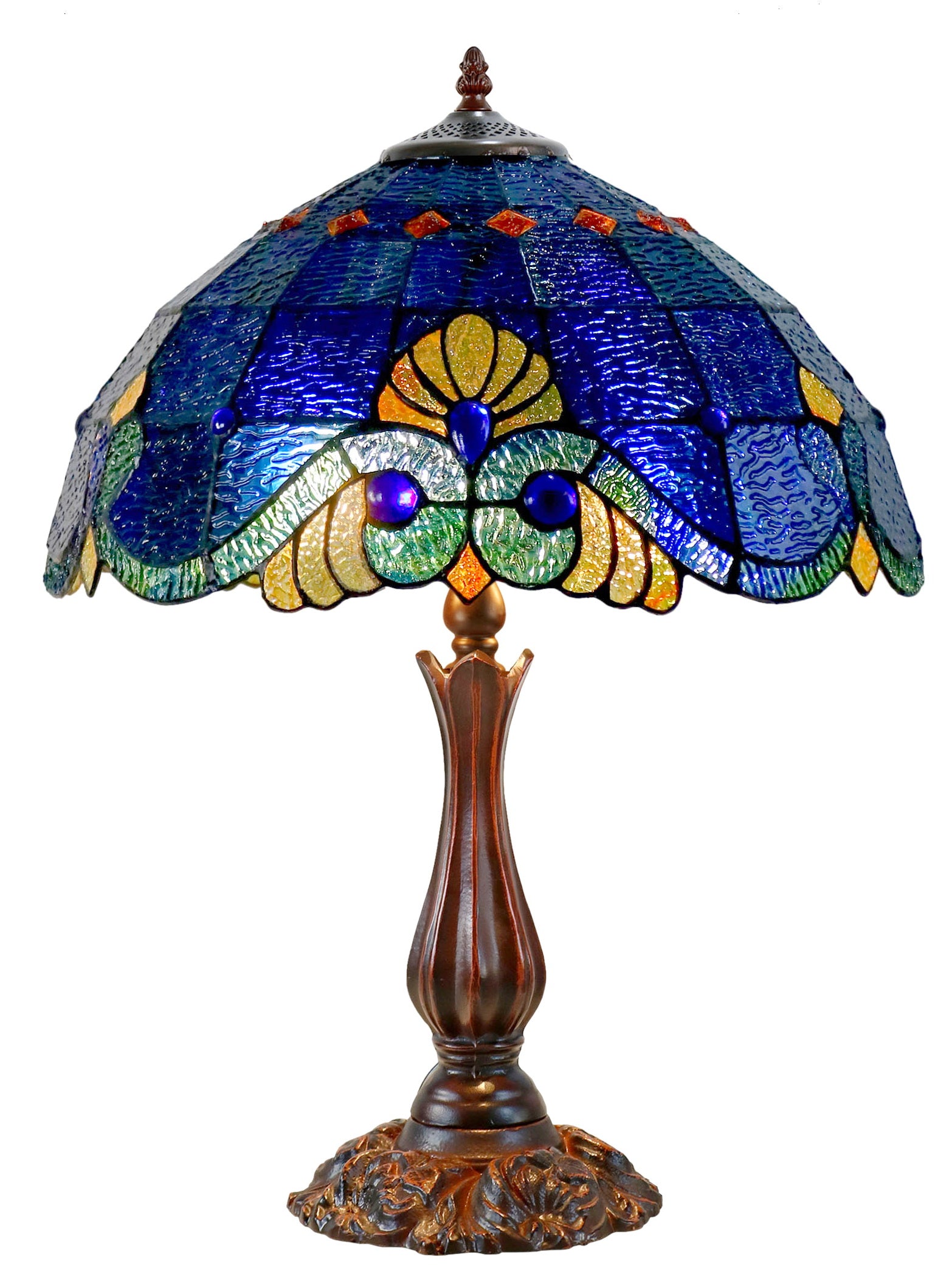 16" Large Amor Blue Victorian Style Tiffany Table Lamp with Textured Stained Glass