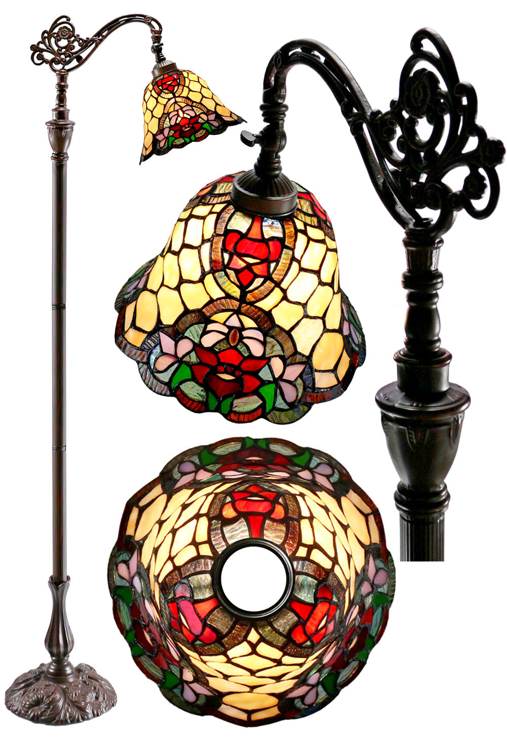 Red Camellia Style Leadlight Stained Glass Bridge Arm Tiffany  Floor Lamp