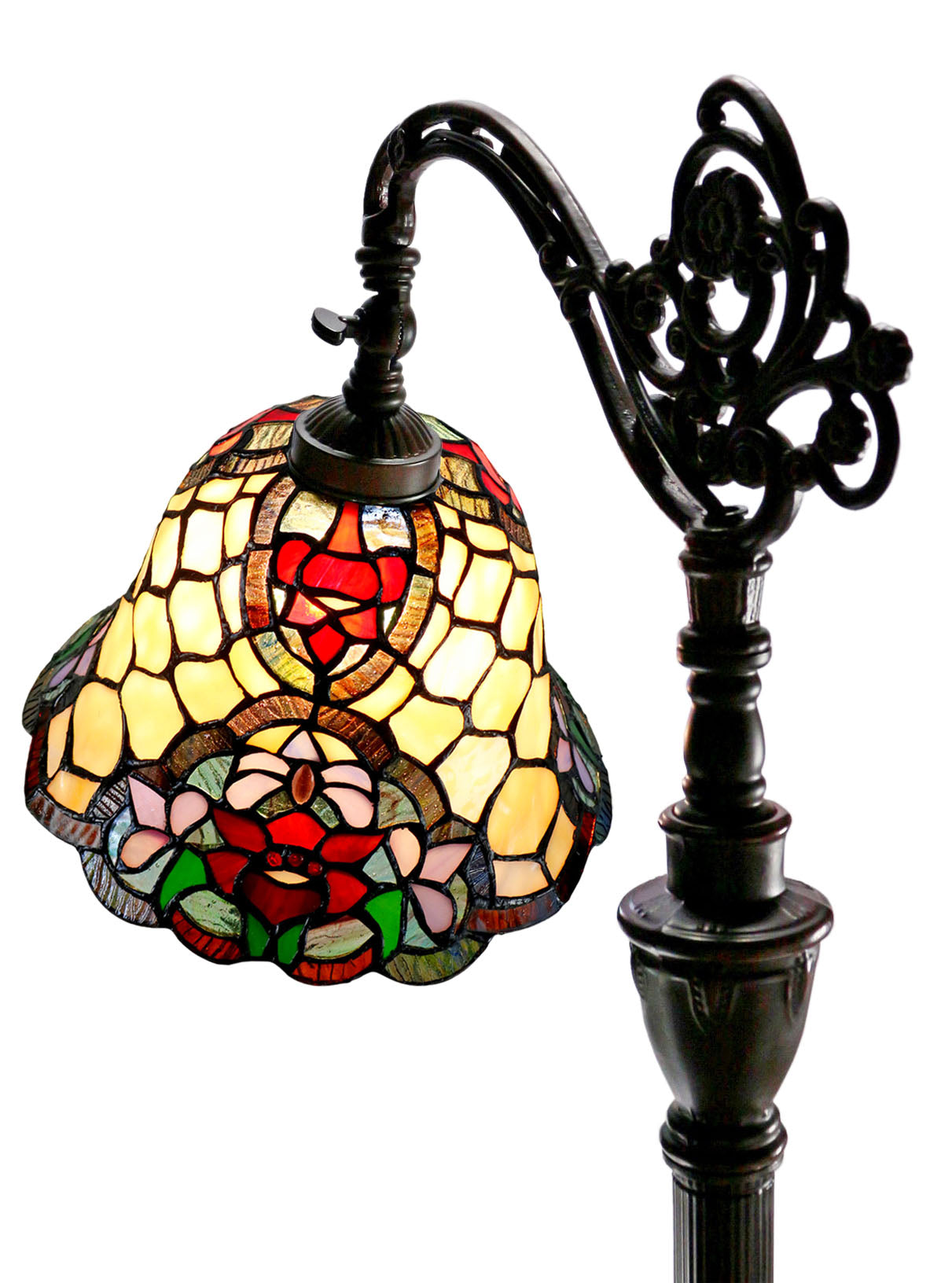 Red Camellia Style Leadlight Stained Glass Bridge Arm Tiffany  Floor Lamp