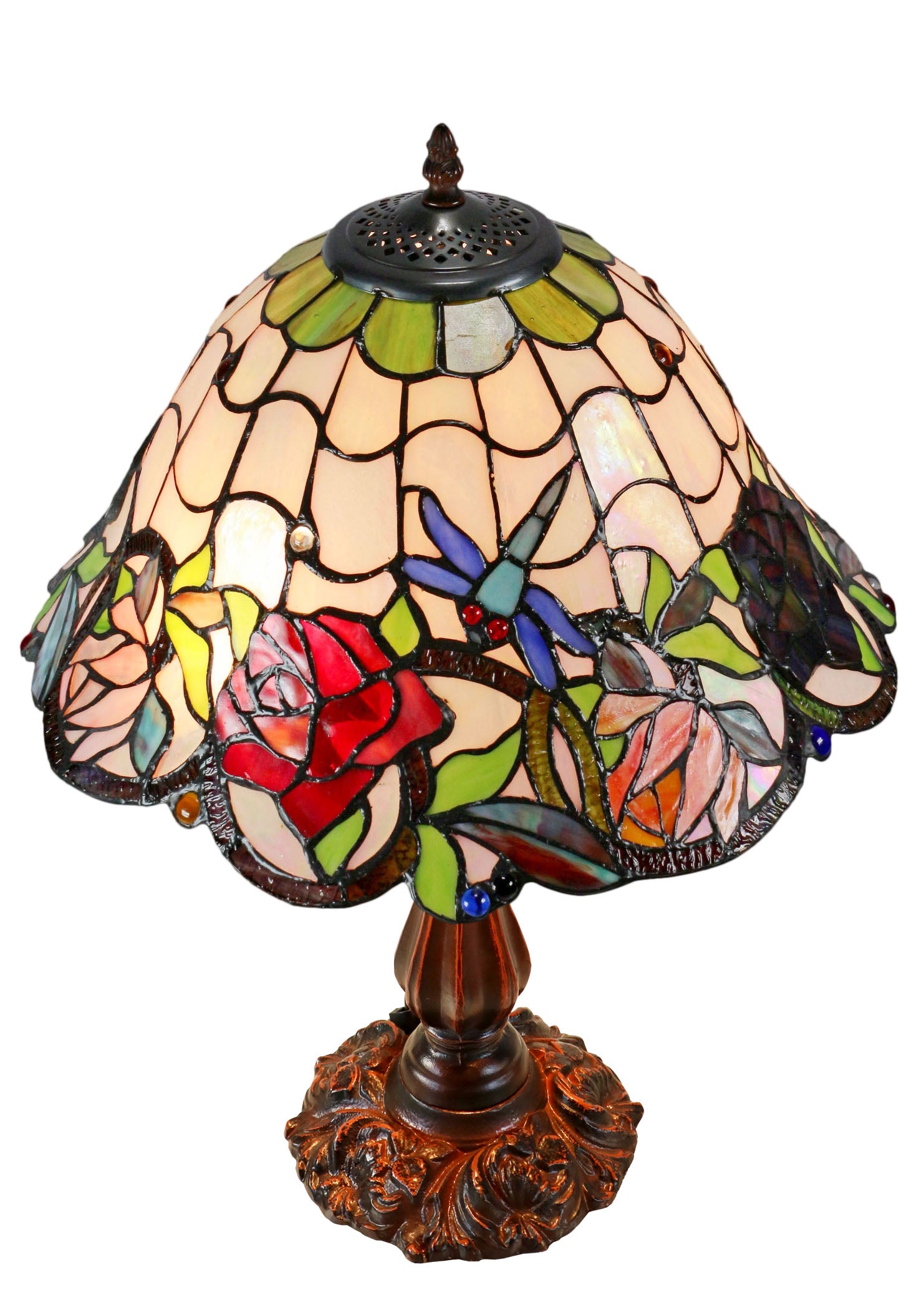 16" Large Dragonfly Rose Tiffany Table Lamp