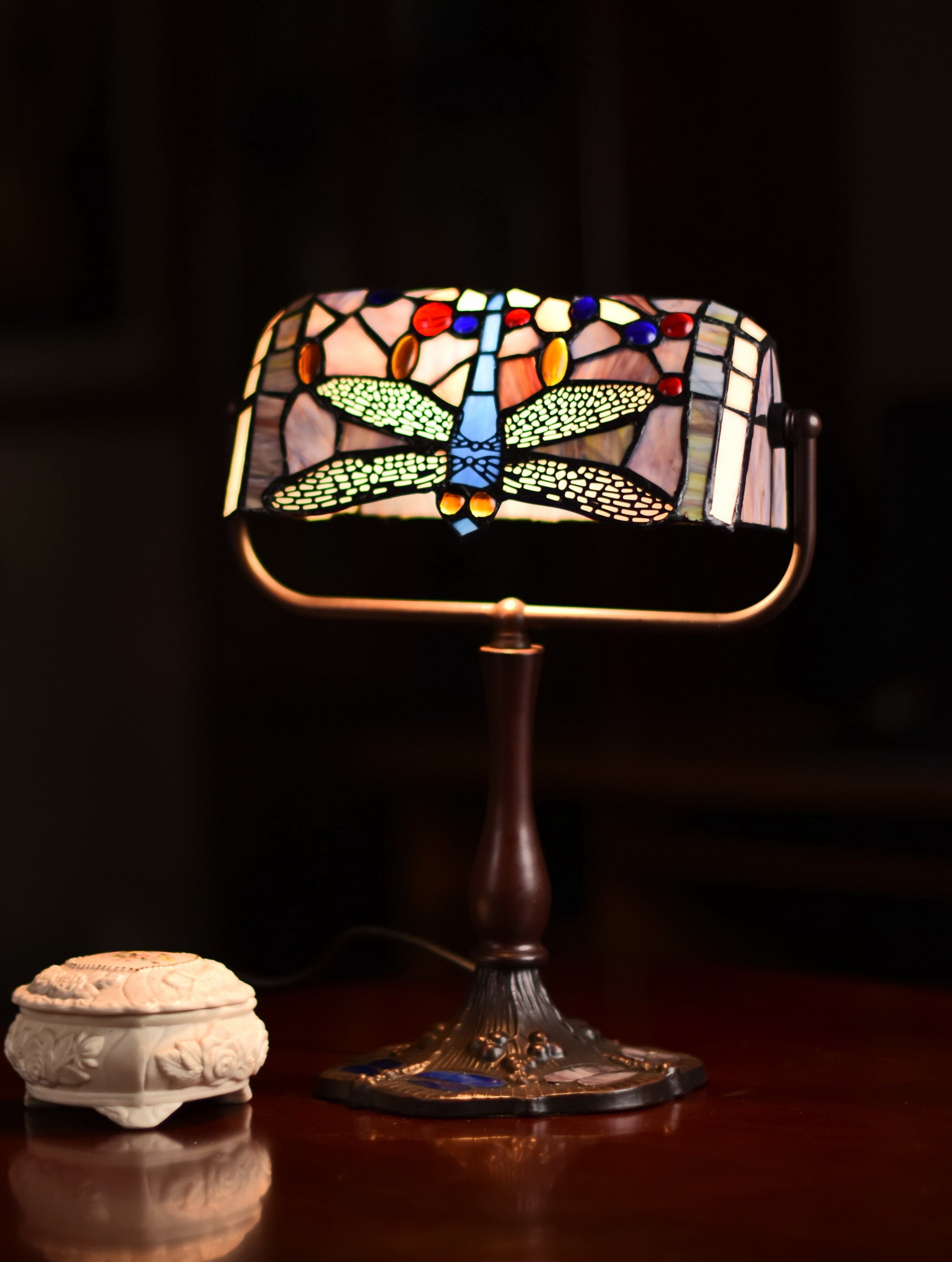 Traditional Dragonfly Tiffany Stained Glass Banker Lamp