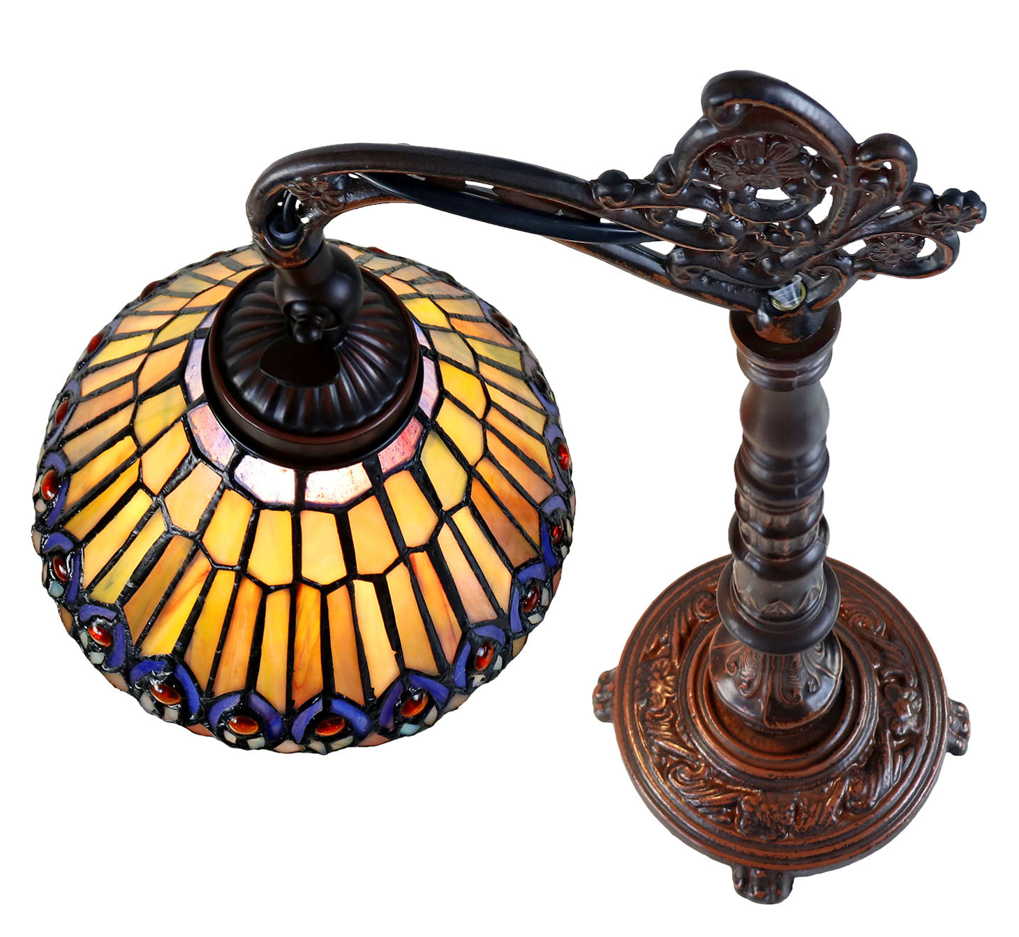 Peacock Style Leadlight Stained Glass Bridge Arm Tiffany  Table Lamp