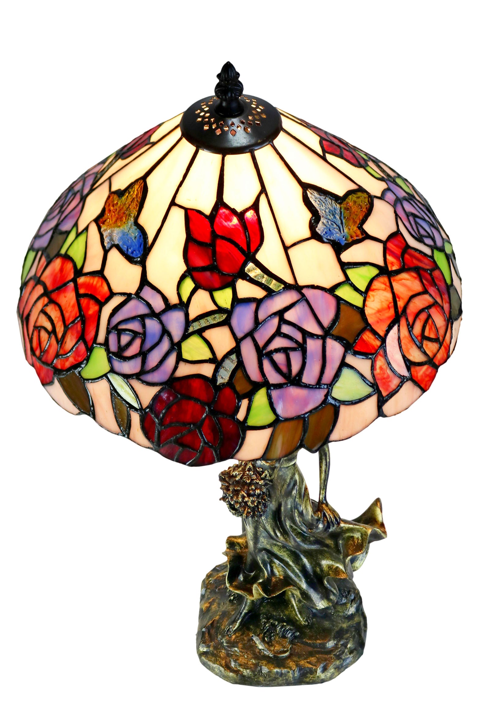 Hannah 12" Rose Butterfly Tiffany Bedside Lamp with Lady  Sculpture Base