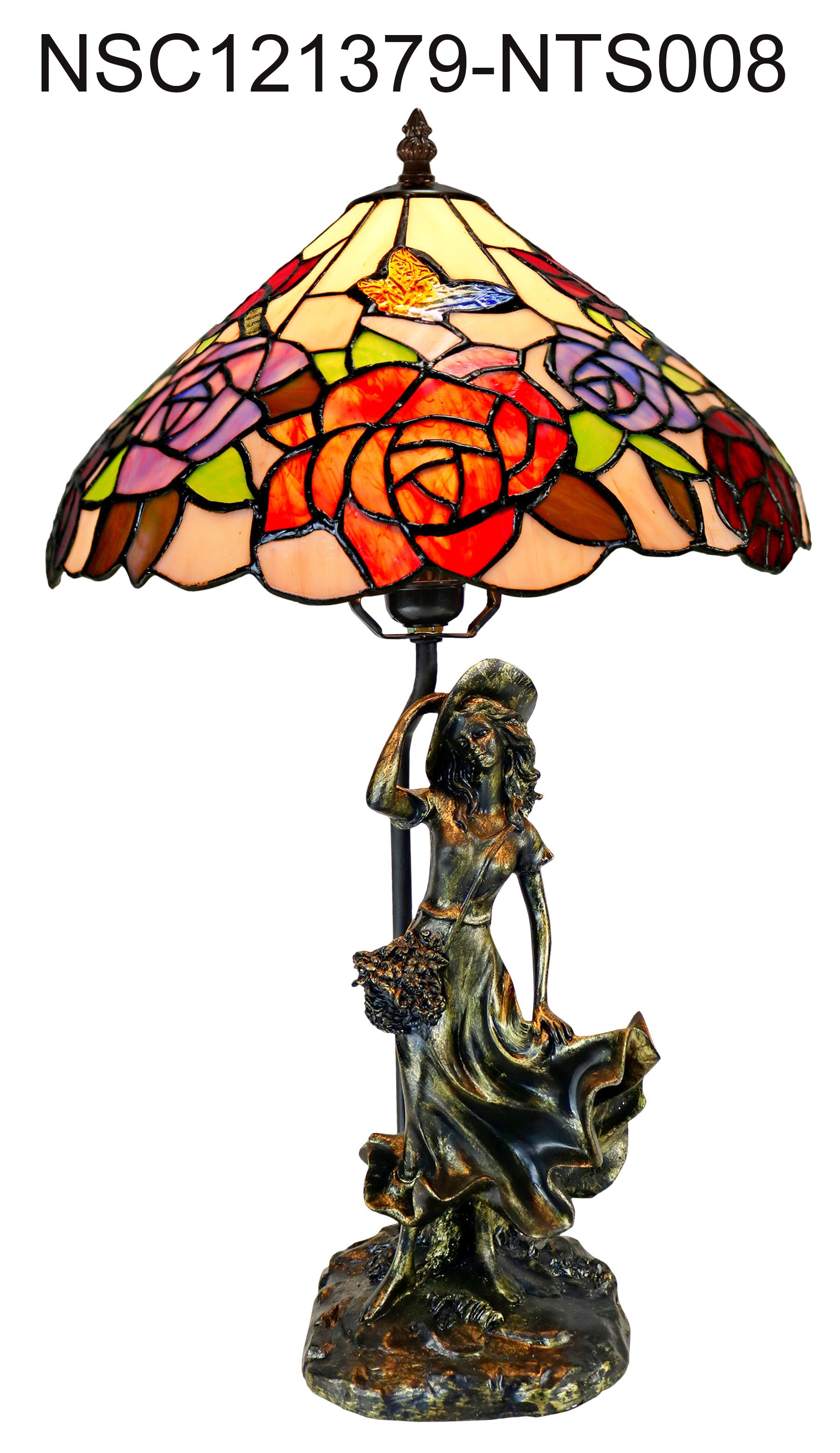 Hannah 12" Rose Butterfly Tiffany Bedside Lamp with Lady  Sculpture Base