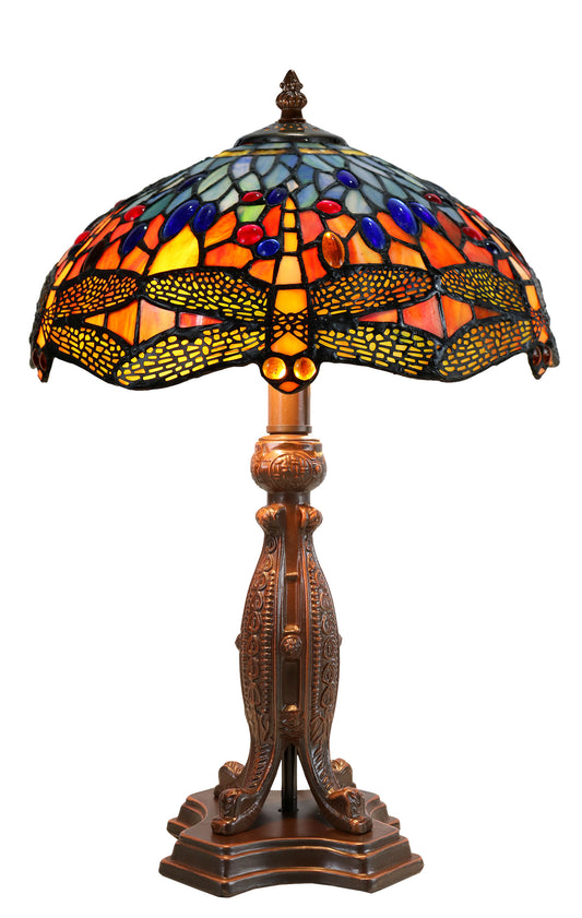 12" Red Dragonfly Style Tiffany Bedside Lamp With Antique Style Metal Base