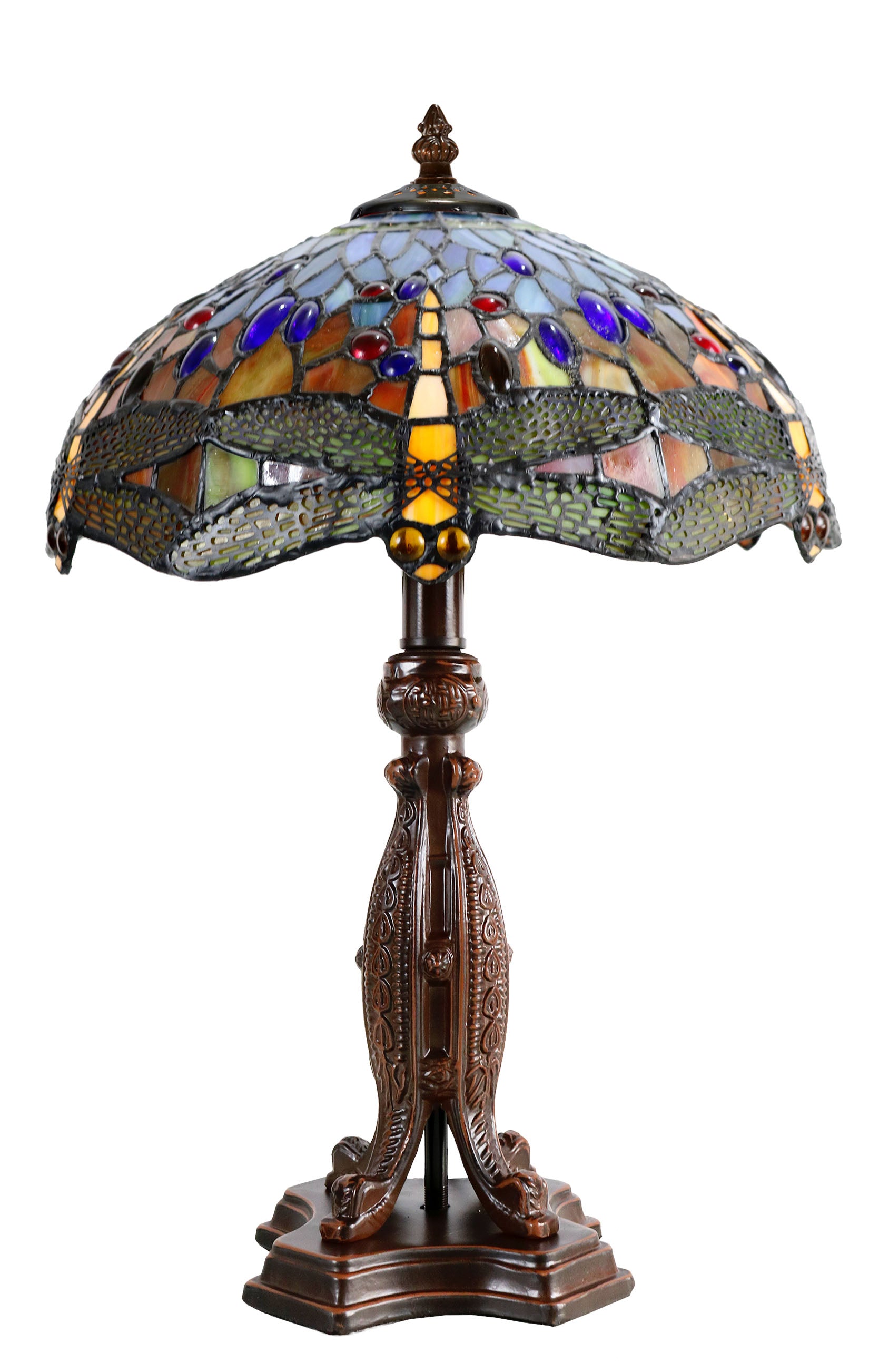 12" Red Dragonfly Style Tiffany Bedside Lamp With Antique Style Metal Base