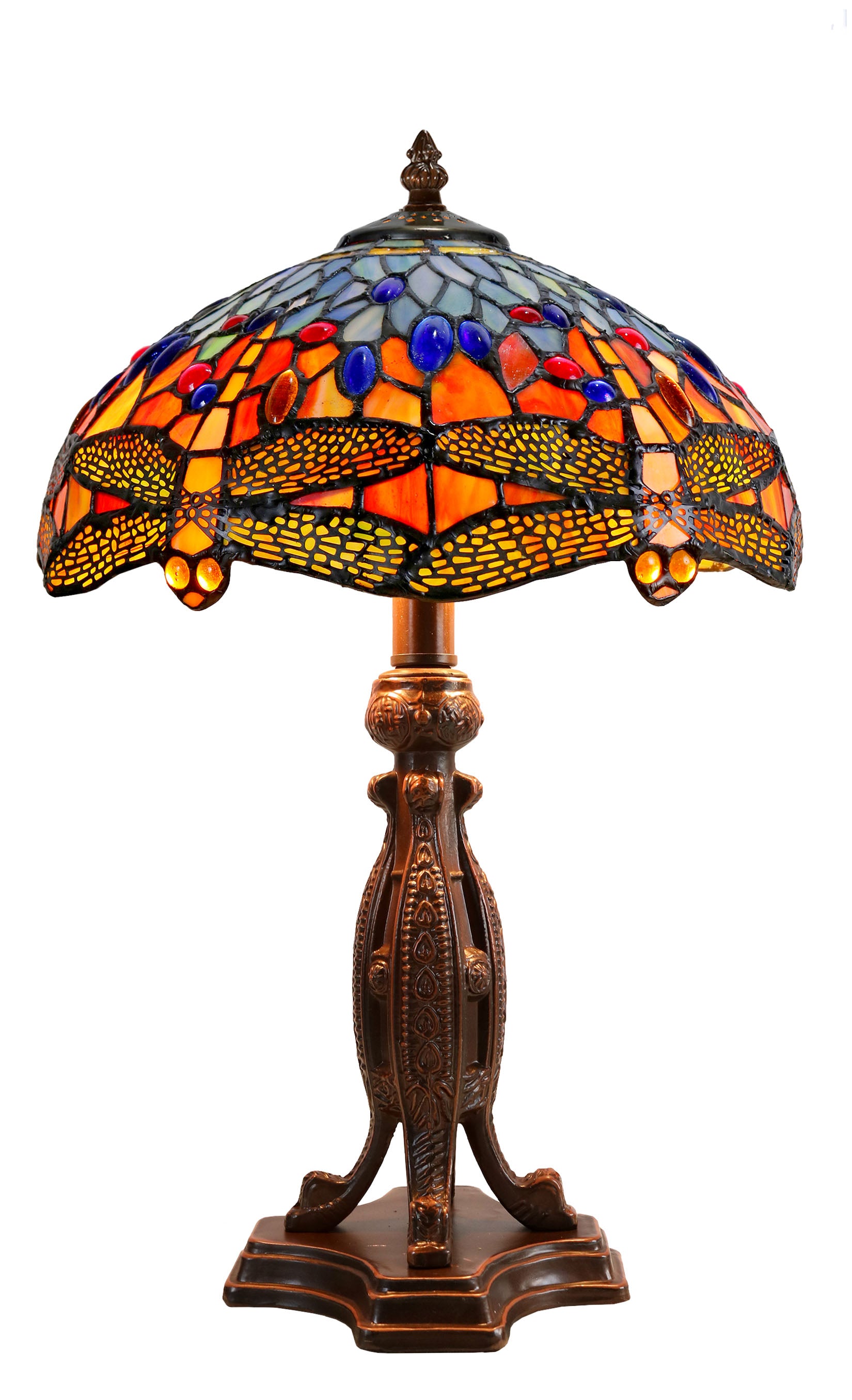 12" Red Dragonfly Style Tiffany Bedside Lamp With Antique Style Metal Base