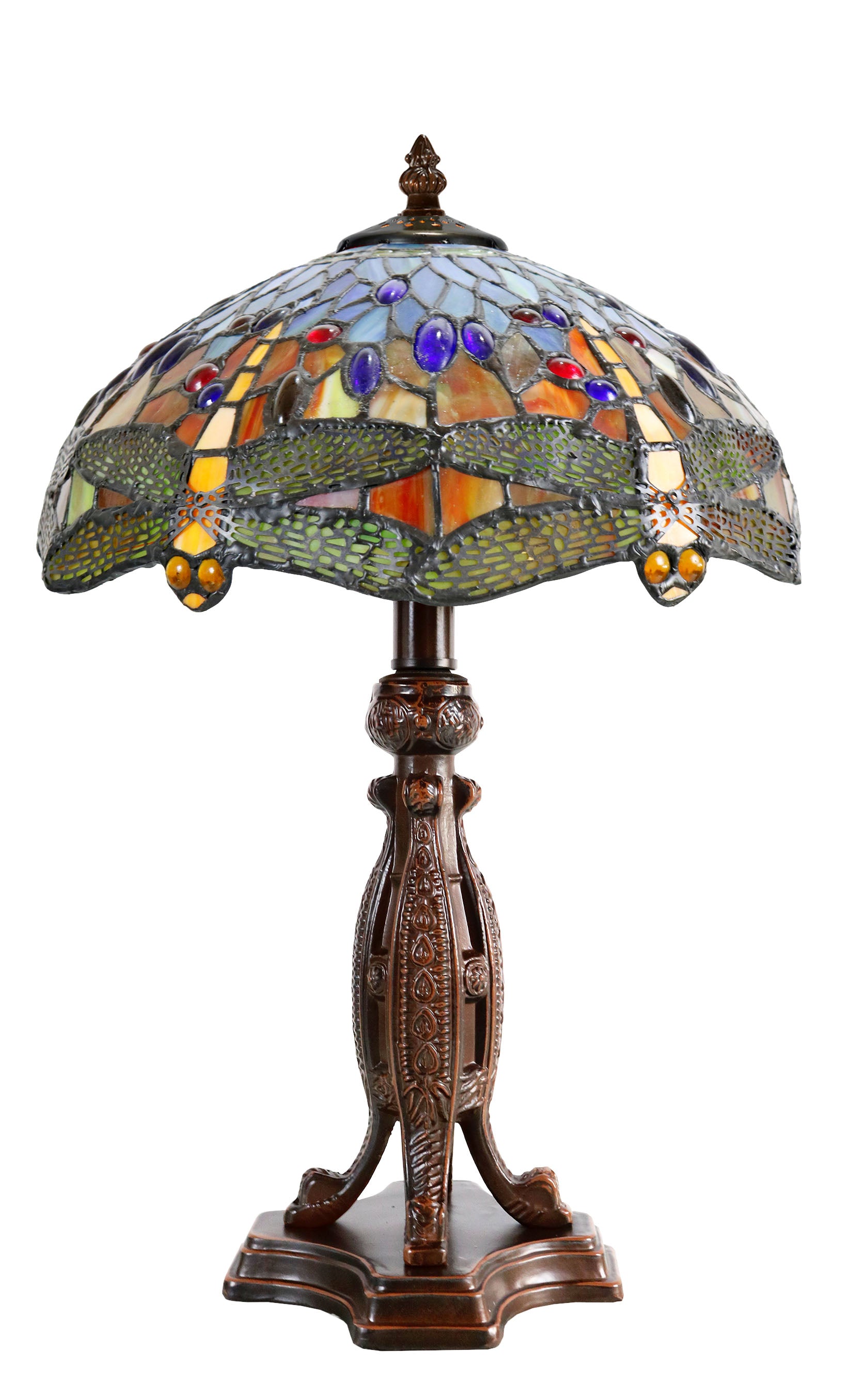 12" Red Dragonfly Style Tiffany Bedside Lamp With Antique Style Metal Base