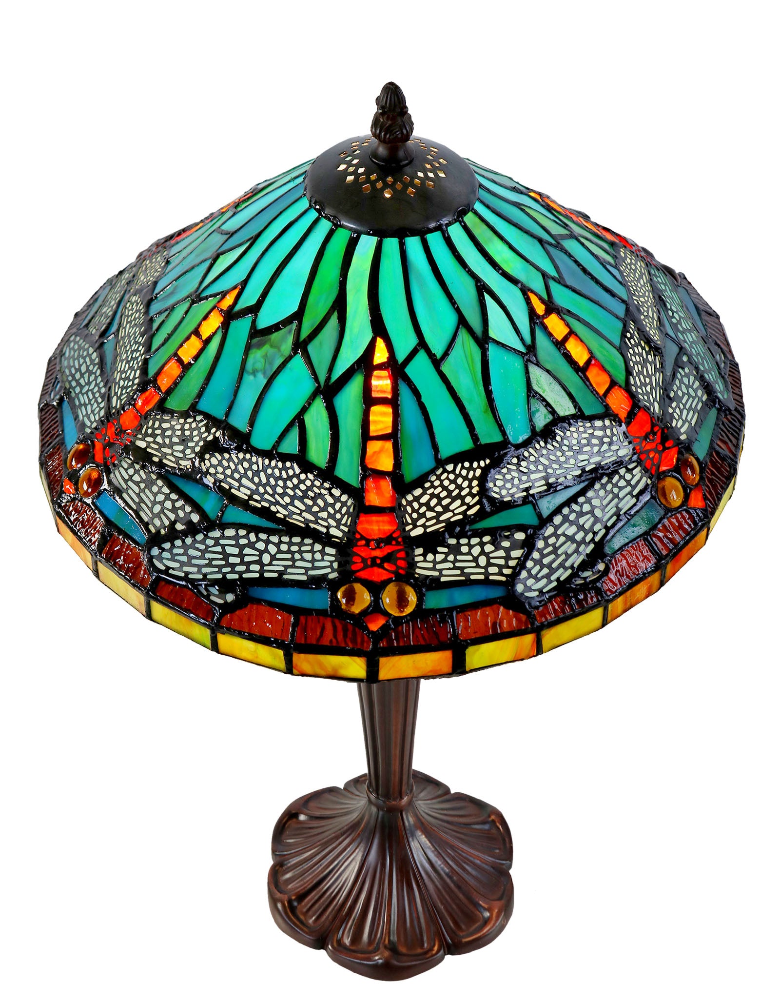 12" Sky  Blue Red Dragonfly Style Tiffany Bedside Lamp