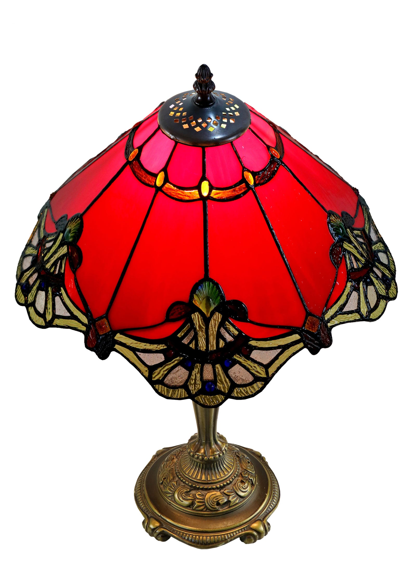 14" Red Jewel Carousel Tiffany Table Bedside Lamp