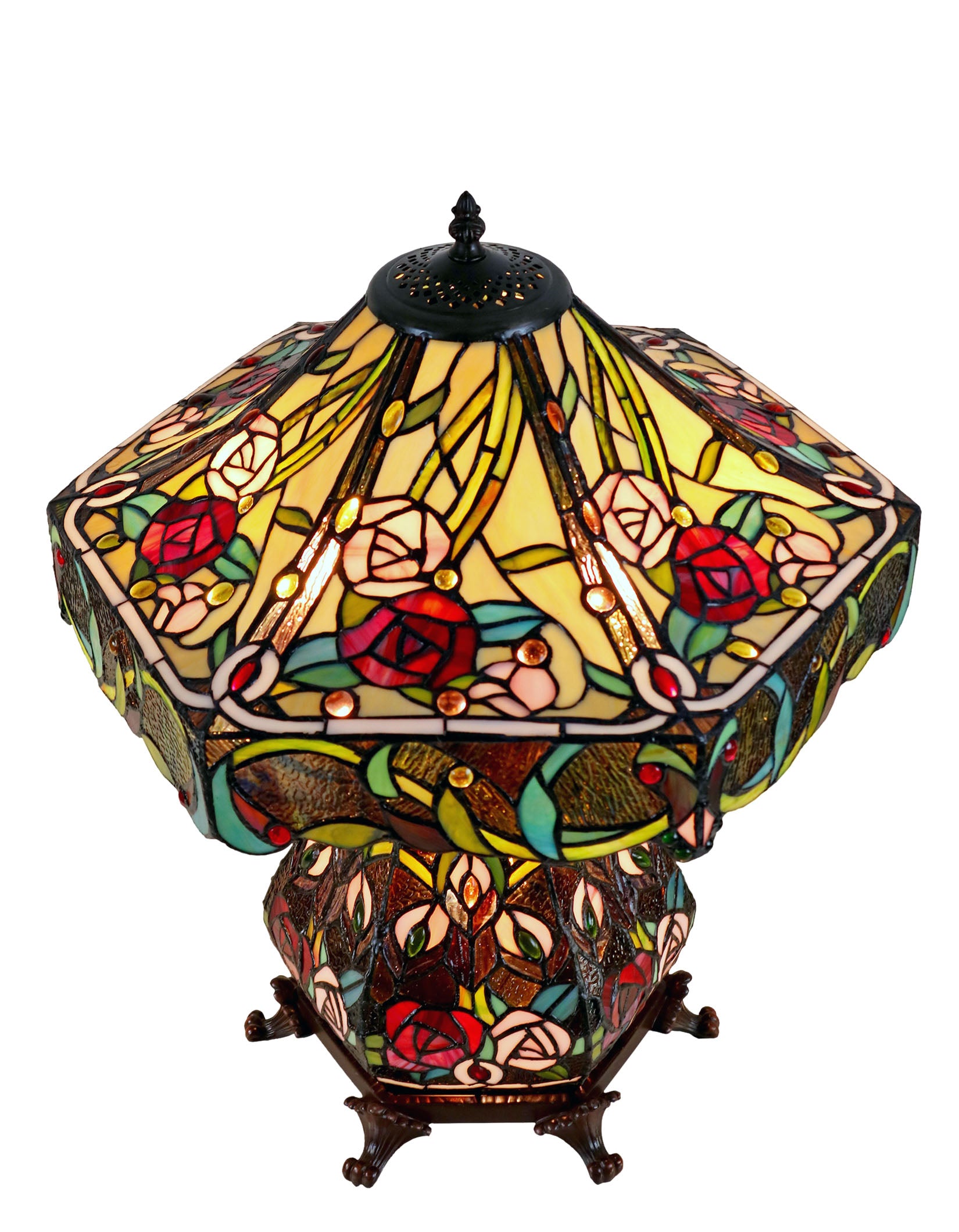 Large 18" Amazing Rose Flower Leaf  Tiffany Table Lamp with Lighted Base