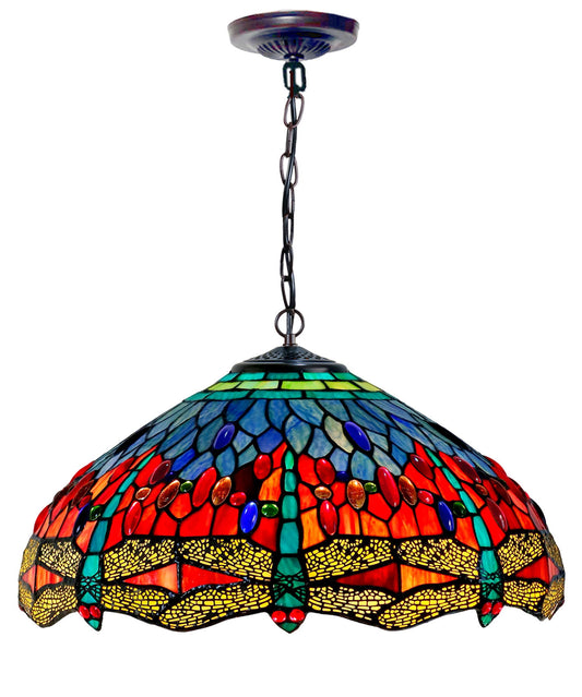 Huge 18" Red Blue Dragonfly Style Stained Glass Tiffany Hanging Light