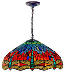Huge 18" Red Blue Dragonfly Style Stained Glass Tiffany Hanging Light