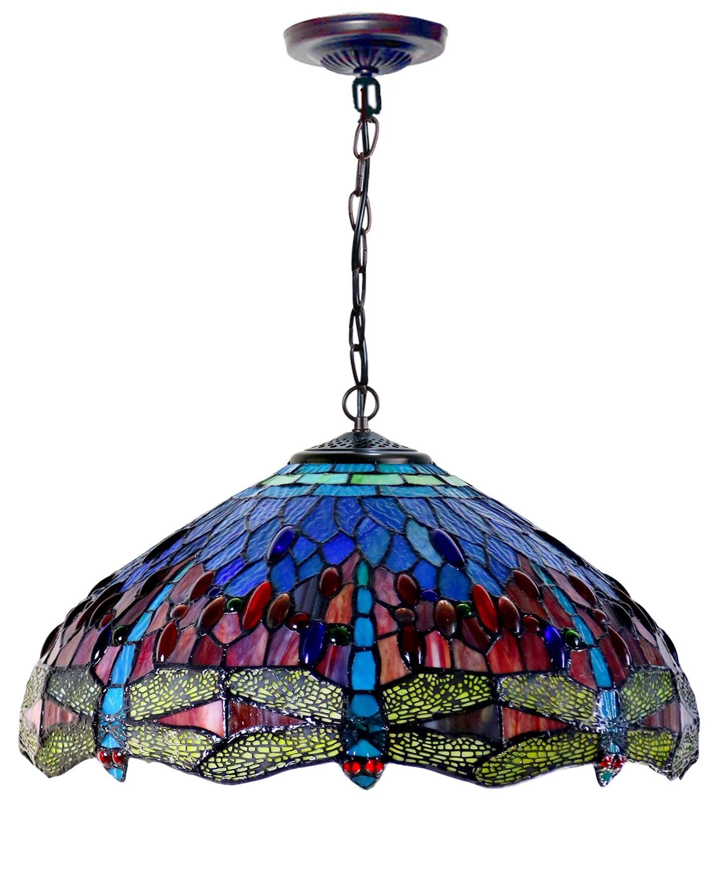 Huge 18" Red Blue Dragonfly Style Stained Glass Tiffany Hanging Light