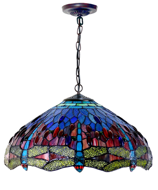 Huge 18" Red Blue Dragonfly Style Stained Glass Tiffany Hanging Light