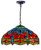 Huge 18" Red Blue Dragonfly Style Stained Glass Tiffany Hanging Light
