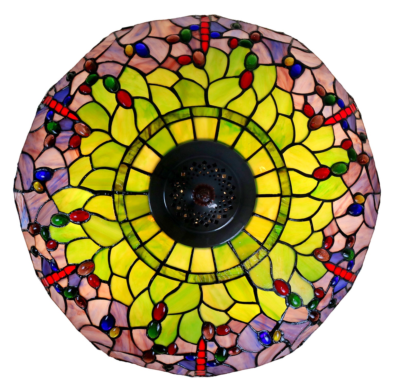 Huge 20" Traditional Purple and Green Dragonfly Stained Glass Tiffany Hanging Light