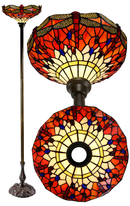 14"  Red Dragonfly Style Tiffany Floor Torchiere Lamp