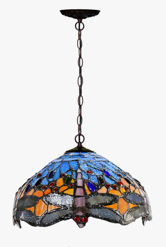11" Traditional Red Blue Dragonfly Style Flower Tiffany Pendant Light
