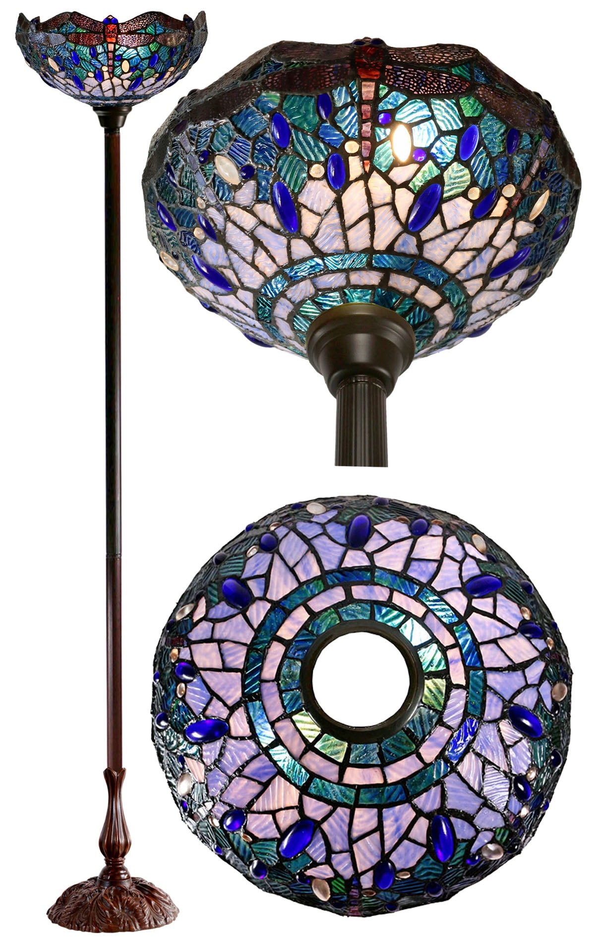 14"  Blue Dragonfly Style Tiffany Floor Torchiere Lamp