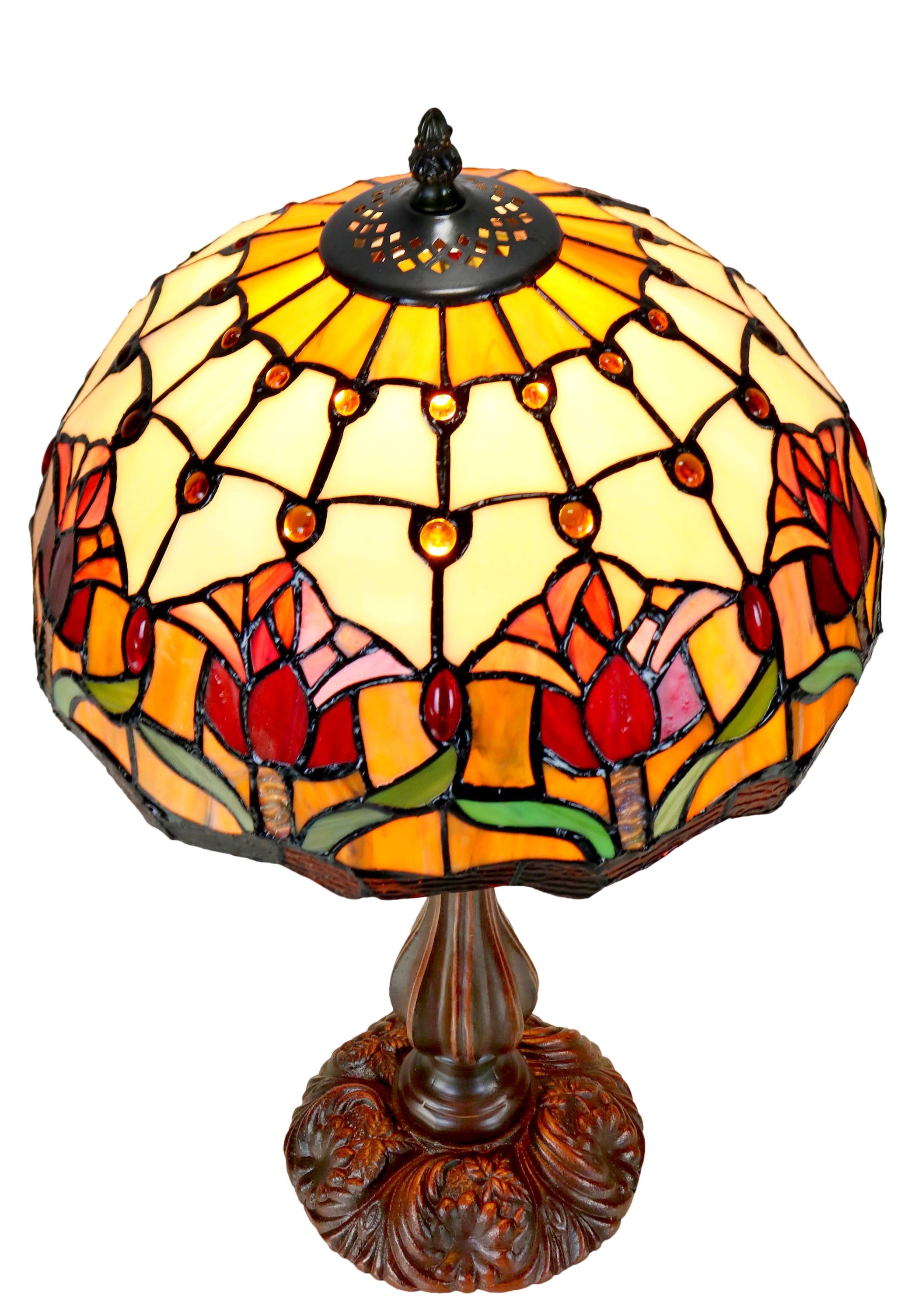 12" Red Tulip Style Tiffany Bedside Lamp