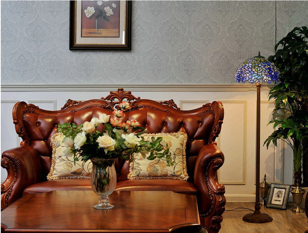 Large 16" Blue Wisteria Style Stained Glass Tiffany Floor Lamp