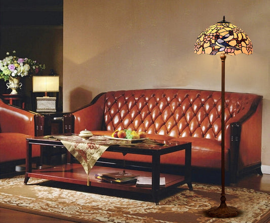 Large 16" Magpies Bird cherry blossom Stained Glass Tiffany Floor Lamp