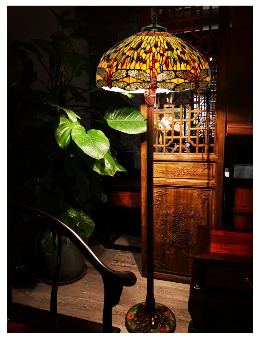 Traditional Huge 20" Dragonfly Flower Tiffany Floor Lamp with décor base