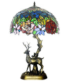 Large tiffany table lamp Blooming rose with Reindeer Sculpture Base