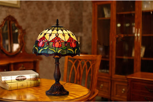 12" Red Tulip Style Tiffany Bedside Lamp