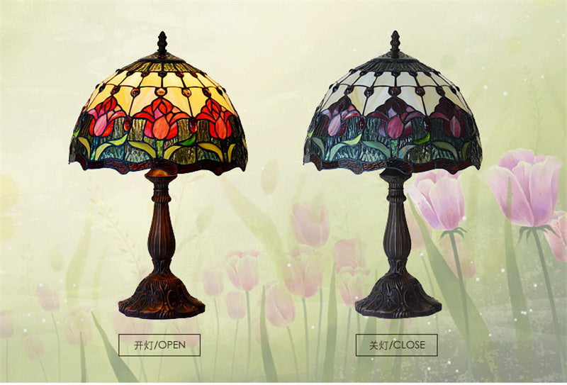 12" Red Tulip Style Tiffany Bedside Lamp