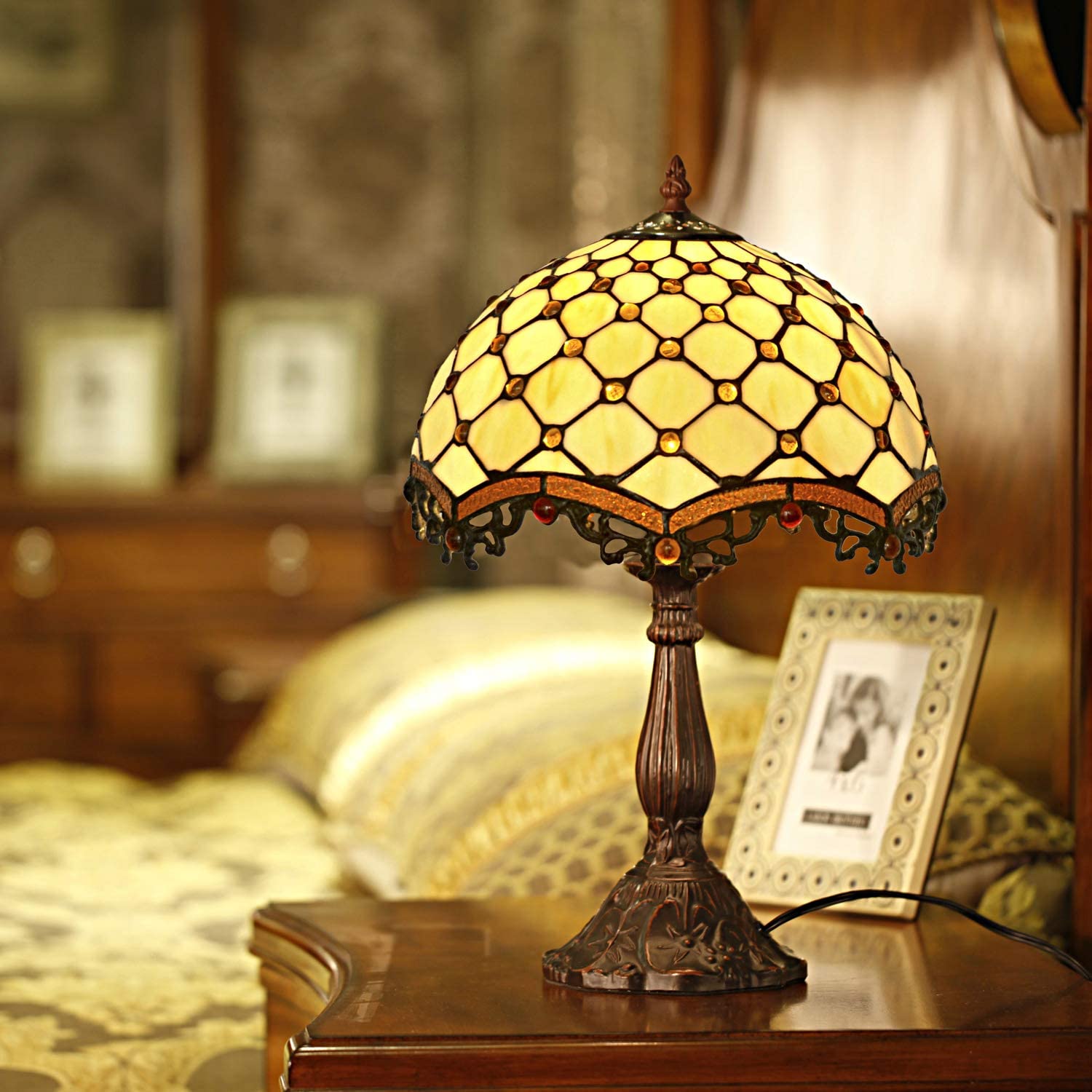 12" Boutique  Style Beaded Tiffany Leadlight Stained Glass Bedside Lamp