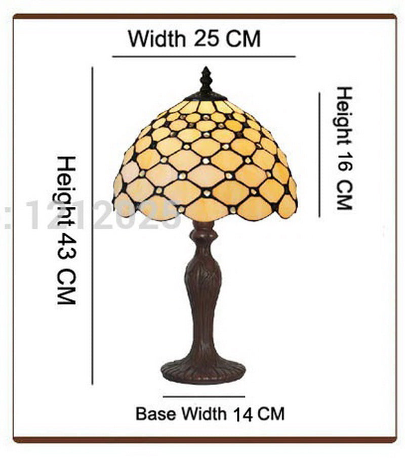 Elegant 10" Tiffany Bedside Lamp Cream Stained Glass Crystal Bead Style Table Reading Lamp