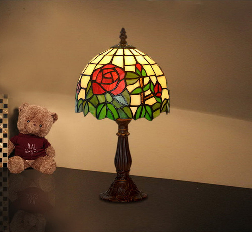Elegant  8" Red Rose Style Tiffany Mini Table Lamp