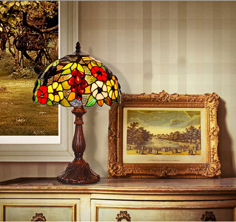 12" Grape and Flower Style Tiffany Bedside Lamp