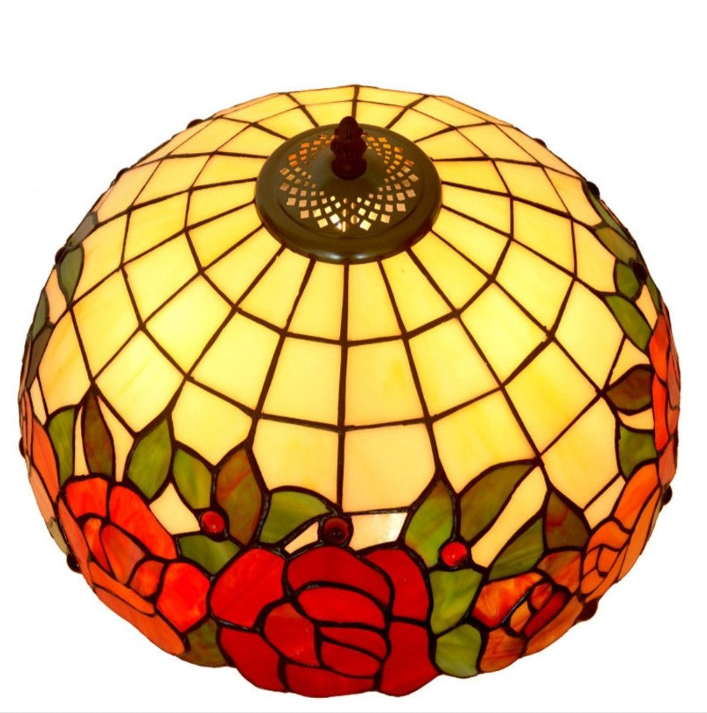 Large 16" Red Rose Leadlight Stained Glass Tiffany Table Lamp