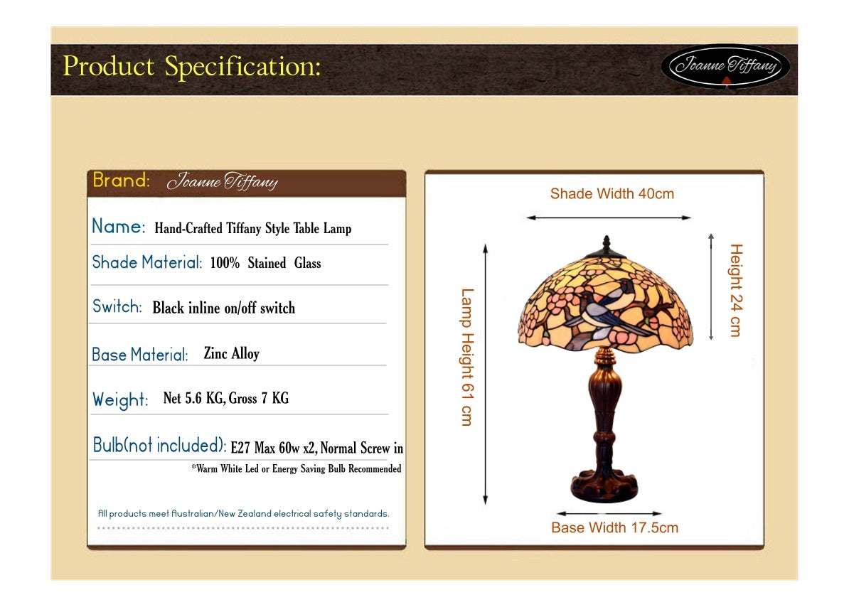 Large 16"  Magpies Bird  cherry blossom Stained Glass Tiffany Table Lamp