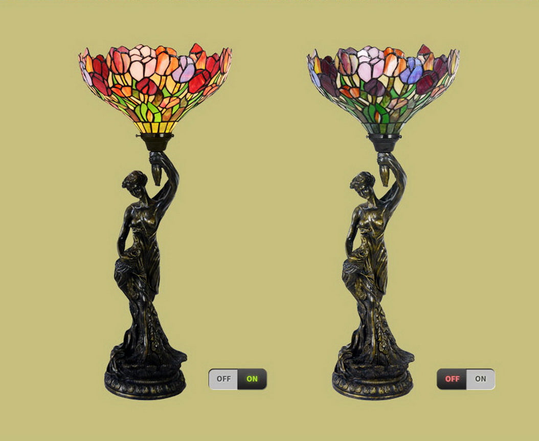 Art Deco Statue Of Liberty Torch Tiffany Stained Glass Red Tulip Accent Table Lamp