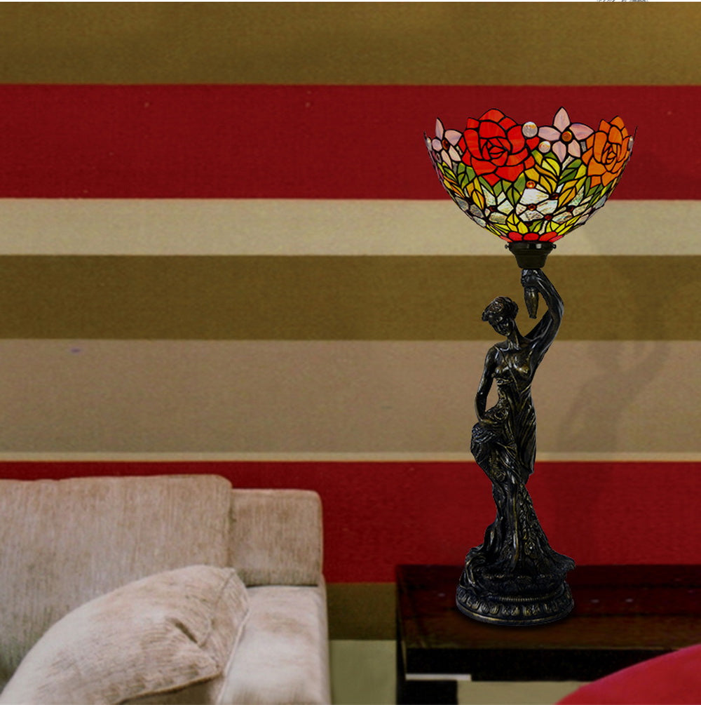 Art Deco Statue Of Liberty Torch Tiffany Stained Glass Red Rose  Accent Table Lamp