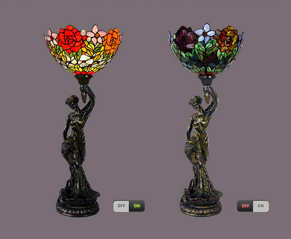 Art Deco Statue Of Liberty Torch Tiffany Stained Glass Red Rose  Accent Table Lamp