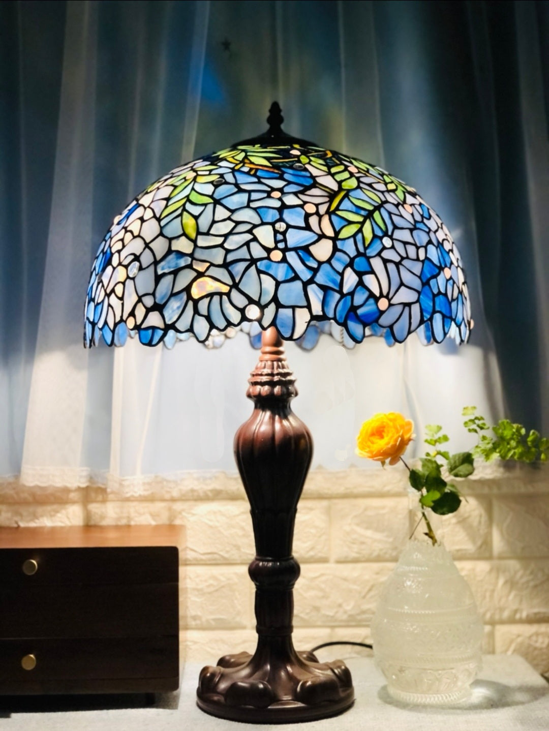 Large 16" Blue Wisteria Leadlight Stained Glass Tiffany Table Lamp