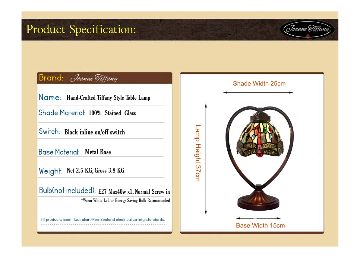 Dragonfly Tiffany Style Stained Glass Table Lamp with Heart-shaped Metal Base