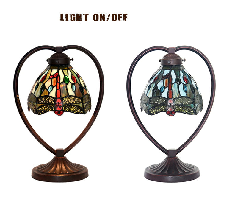 Dragonfly Tiffany Style Stained Glass Table Lamp with Heart-shaped Metal Base