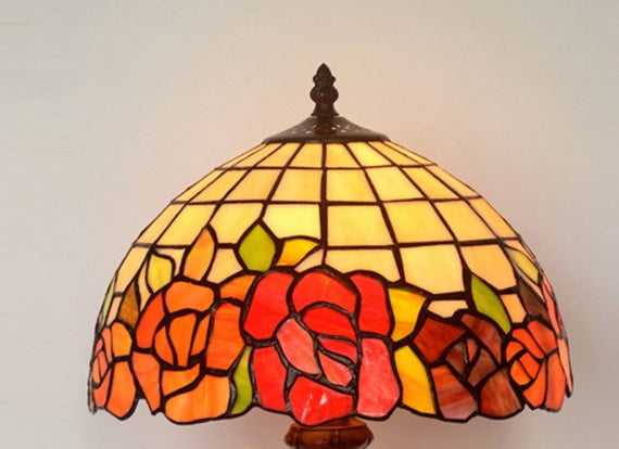 12" Red Rose Style Leadlight Stained Glass Tiffany Bedside Lamp
