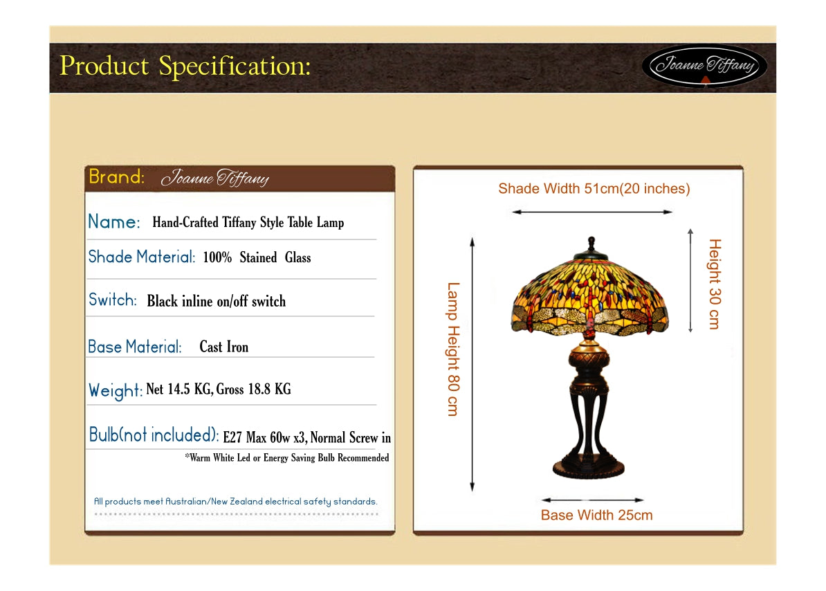 Huge 20" Tiffany Reproduction Traditional Dragonfly Table Lamp