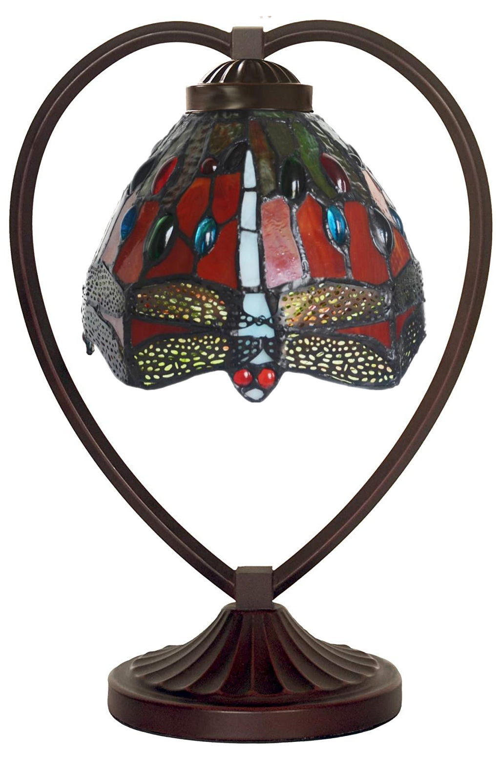 Dragonfly Tiffany Style Stained Glass Table Lamp with Heart-shaped Metal Base
