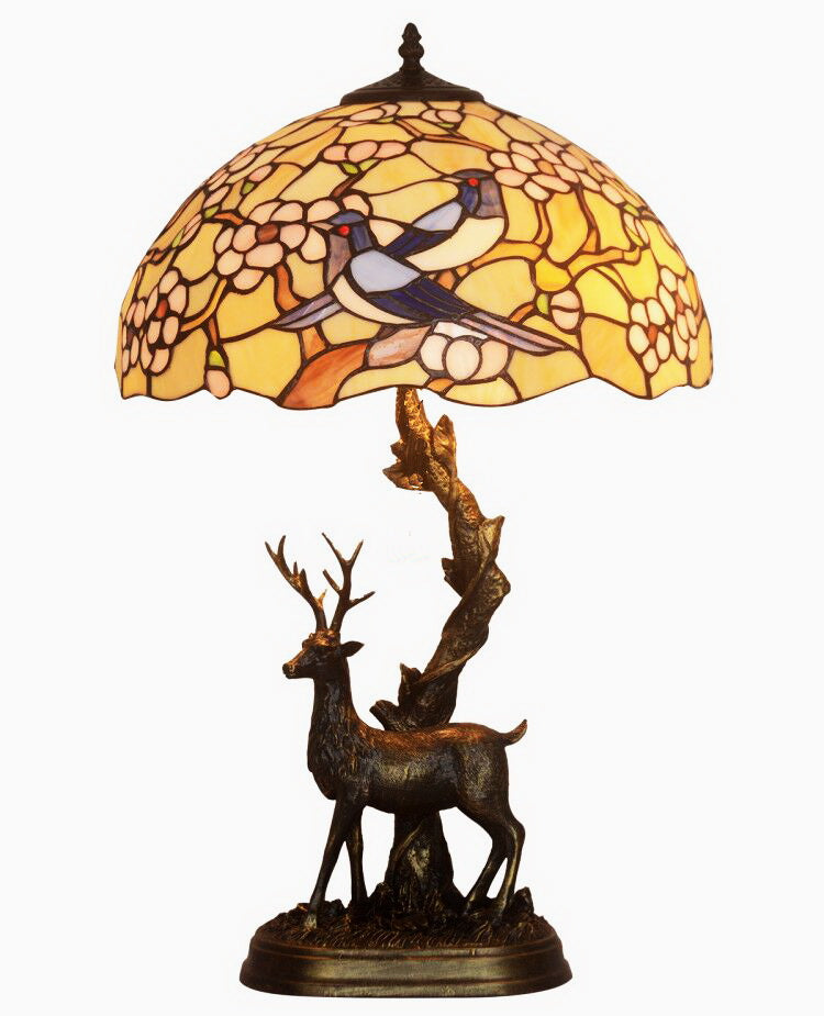 16" Large Tiffany Table Lamp – Birds & Plum Blossom Shade with Reindeer Sculpture Base