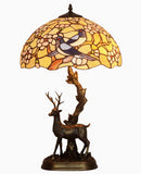 16" Large Tiffany Table Lamp – Birds & Plum Blossom Shade with Reindeer Sculpture Base