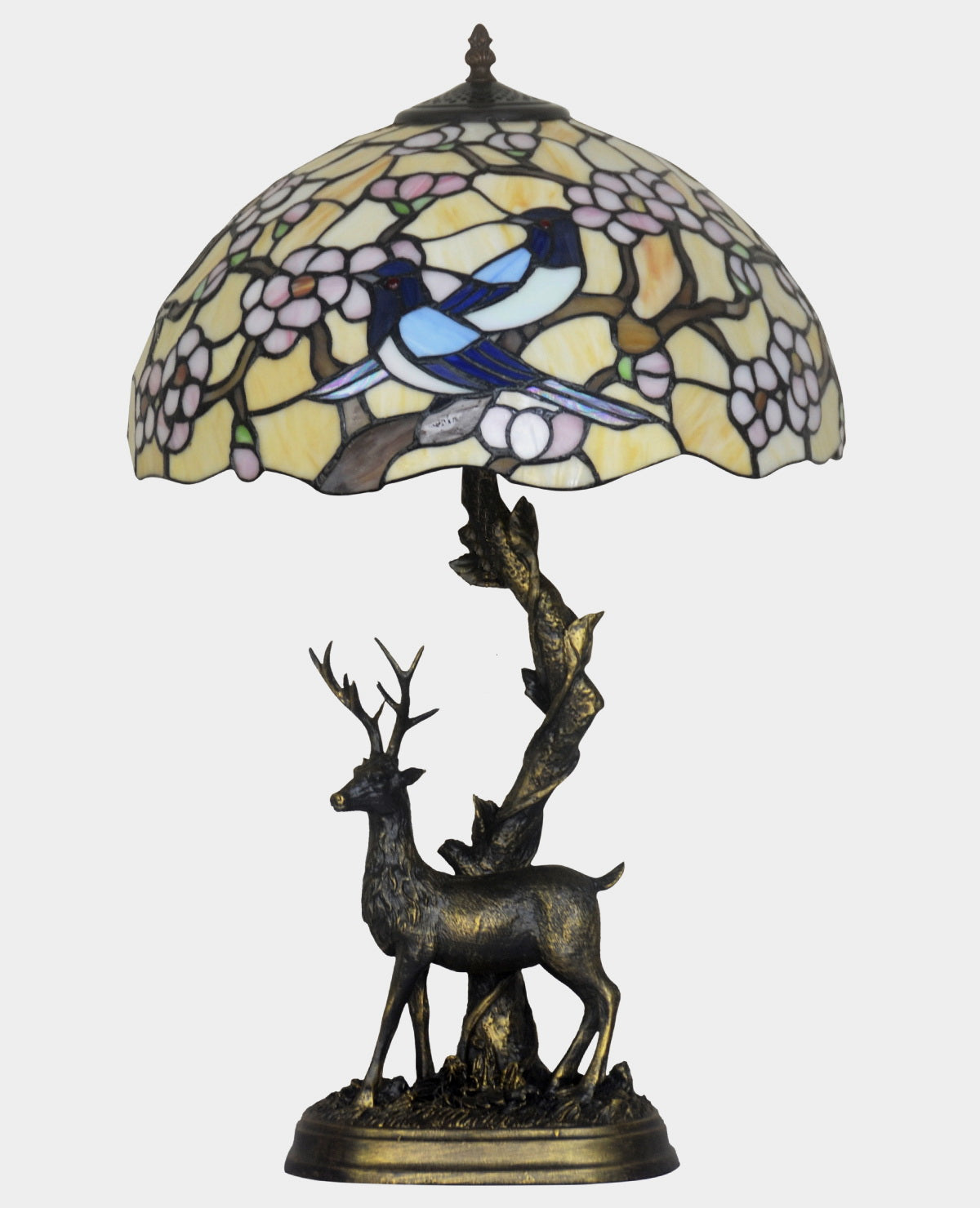 16" Large Tiffany Table Lamp – Birds & Plum Blossom Shade with Reindeer Sculpture Base